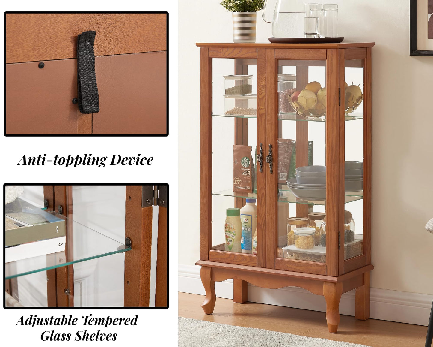 LKTART Curio Glass Display Cabinet,Storage Cabinet with Lights and Mirrored Back Panel,China Cabinet with Tempered Glass Doors and Shelves,Collectible Display Shelf,Included Bulb White