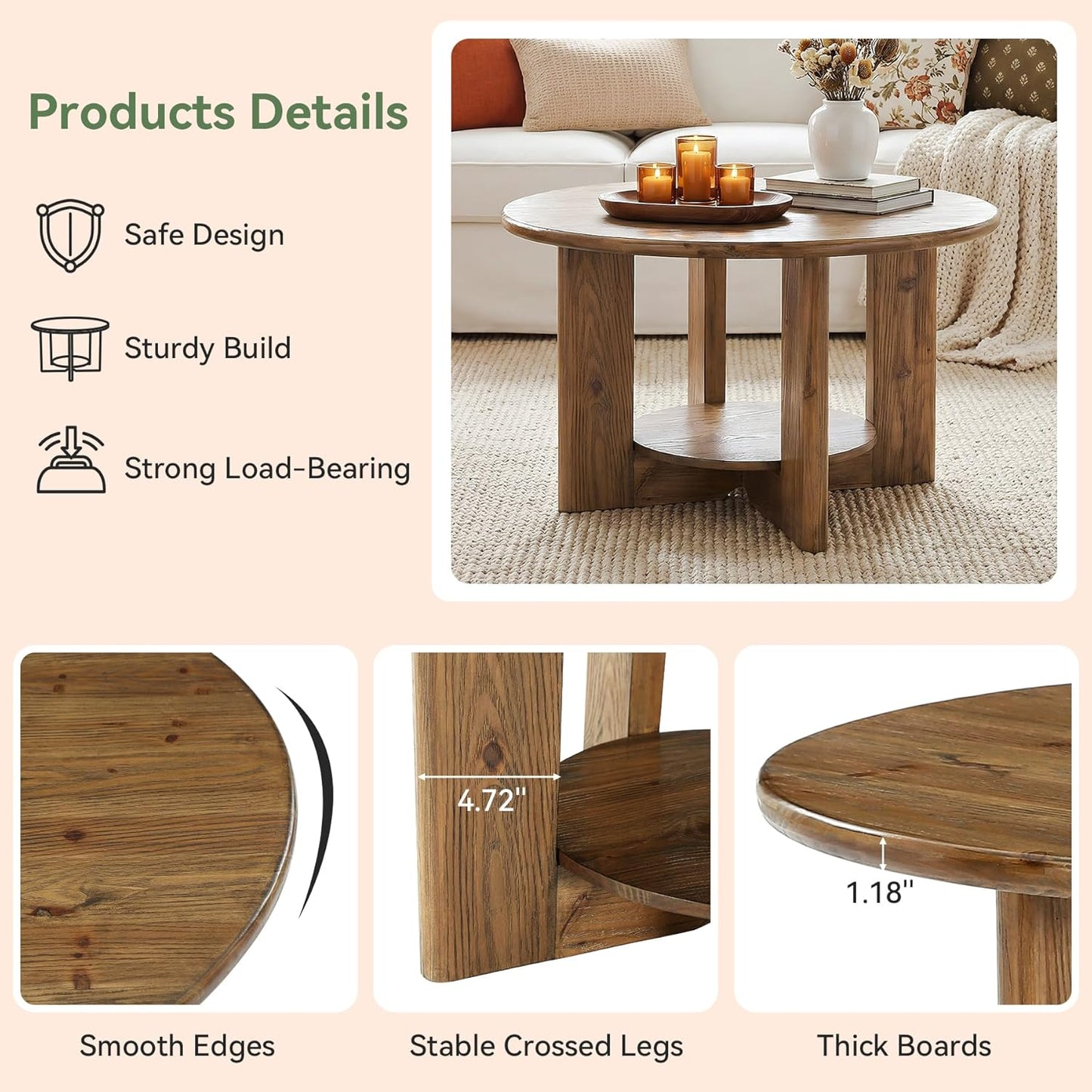 Solid Wood Round Coffee Table, 2-Tier Circle Coffee Table with Storage, Farmhouse Wood Accent Center Table for Living Room, Easy Assembly, Rustic Brown
