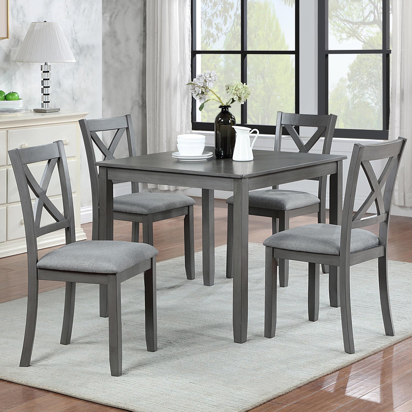 LKTART 5-Piece Kitchen & Dining Room Table and Chairs Sets,Small Square Kitchen Table with 4 Upholstered XX-Shaped Backrest Chairs,Walnut