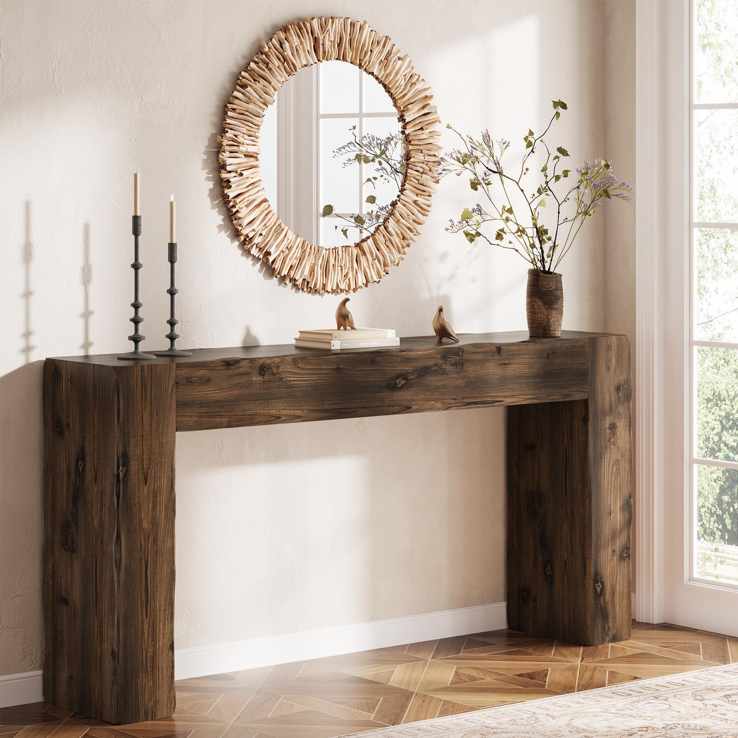 Solid Wood Console Table, 63-Inch Farmhouse Sofa Table Behind Couch for Entryway, Living Room, Foyer, Easy Assembly (Light Wood)