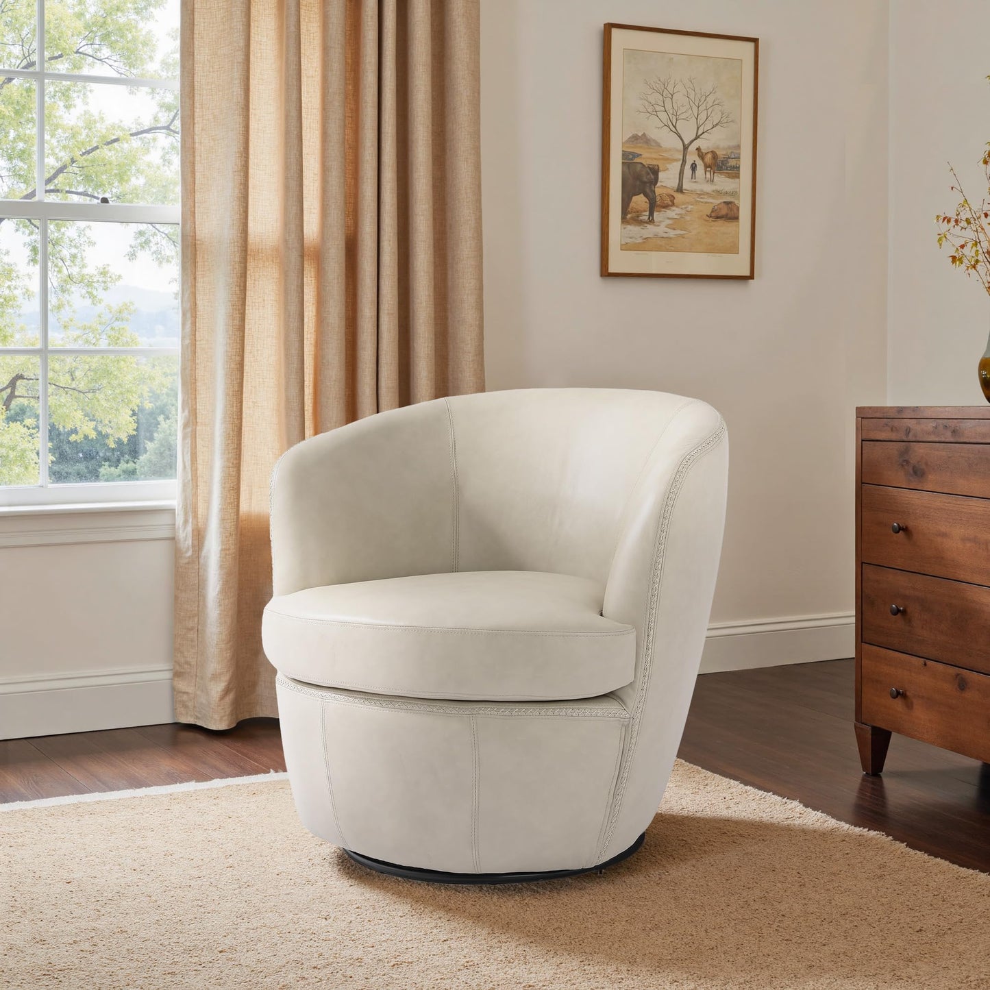 360° Swivel Barrel Accent Chair, Faux Leather Round Swivel Chair for Living Room, Comfy Upholstered Armchair Single Sofa Club Chair for Bedroom Reading Room, No Assembly Required - Light Brown