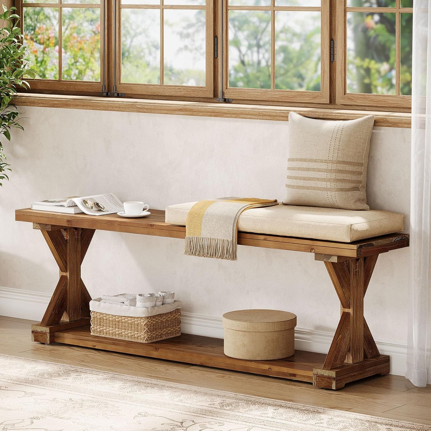 59-Inch Solid Wood Dining Bench, Modern Rustic Bench for Dining Table, 2-Tier Wooden Storage Seat for Dinner Room, Kitchen, Living Room & Hallway, Brown