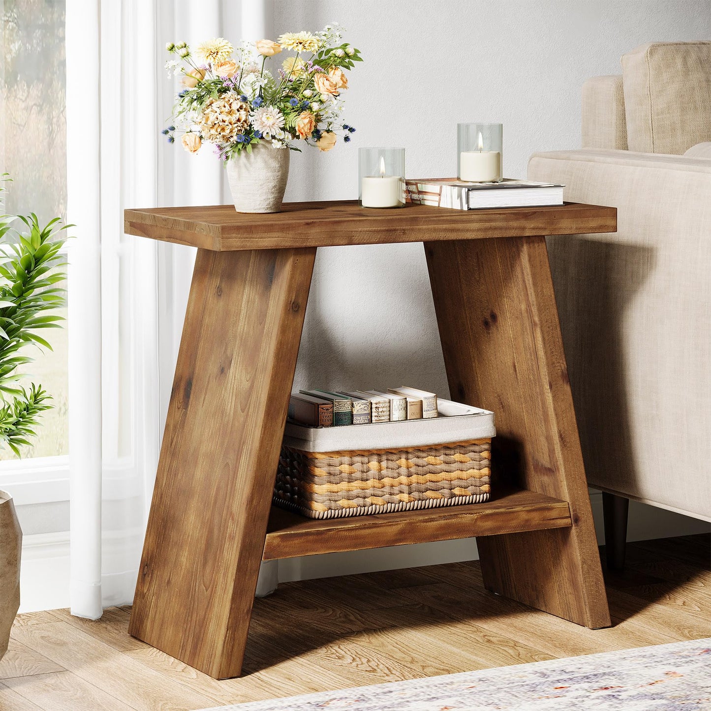 Solid Wood End Table for Living Room, Narrow Small Side Table with 2-Tier Storage, Farmhouse Bedside Nightstand for Bedroom, Small Places, Rustic Brown (1PCS)