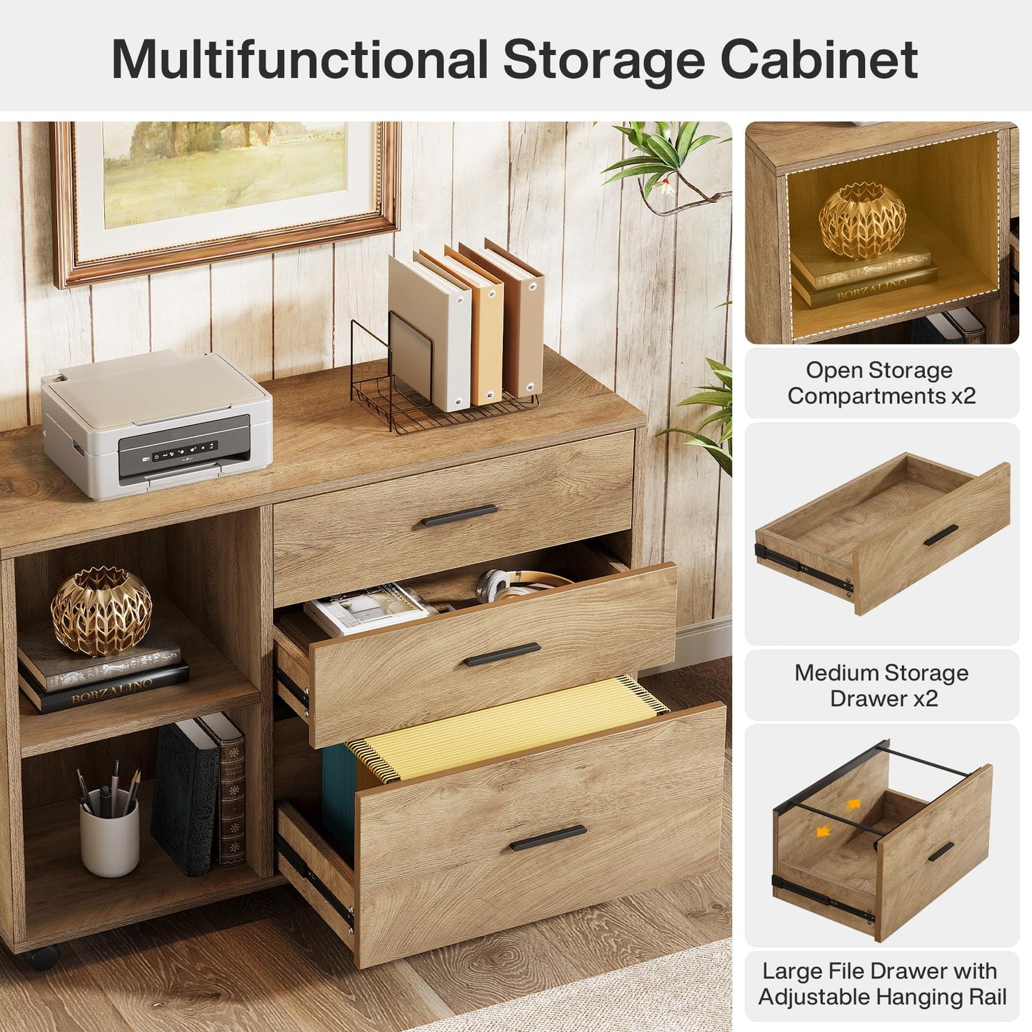 Tribesigns 39-Inch Rolling File Cabinet with 3 Drawers, Wooden Office Lateral Filing Cabinet, Modern Printer Stand with Storage Shelves for Home Office, Light Brown