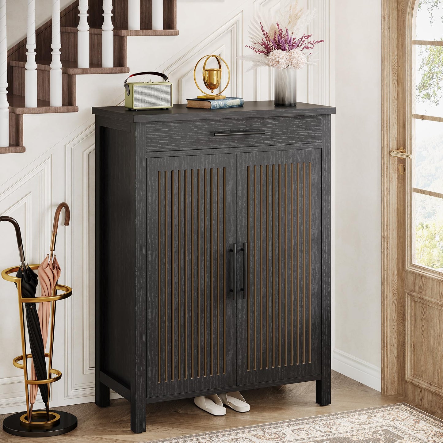 Tribesigns Shoe Cabinet, 5-Tier Shoe Storage Cabinet with Louvered Doors and Drawer, Freestanding Wooden Shoe Rack Organizer with Adjustable Shelves for Entryway, Hallway, Closet, Brown