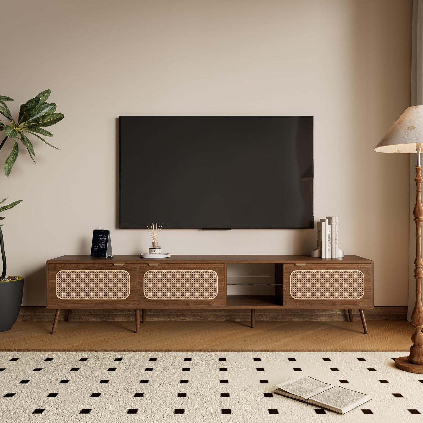 LKTART 67" Mid Century Modern TV Stand for 65/70/75/80" TVs,Entertainment Center with Sliding Doors and Drawers,Media Console for Living Room