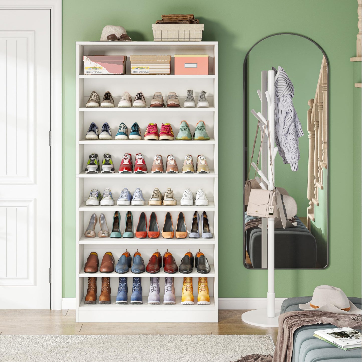 Tribesigns Shoe Cabinet, 9 Tiers 40-45 Pairs Heavy Duty Wood Freestanding Shoe Storage Cabinet, 70.8'' Tall Shoe Cabinet with Open Storage for Entryway, White