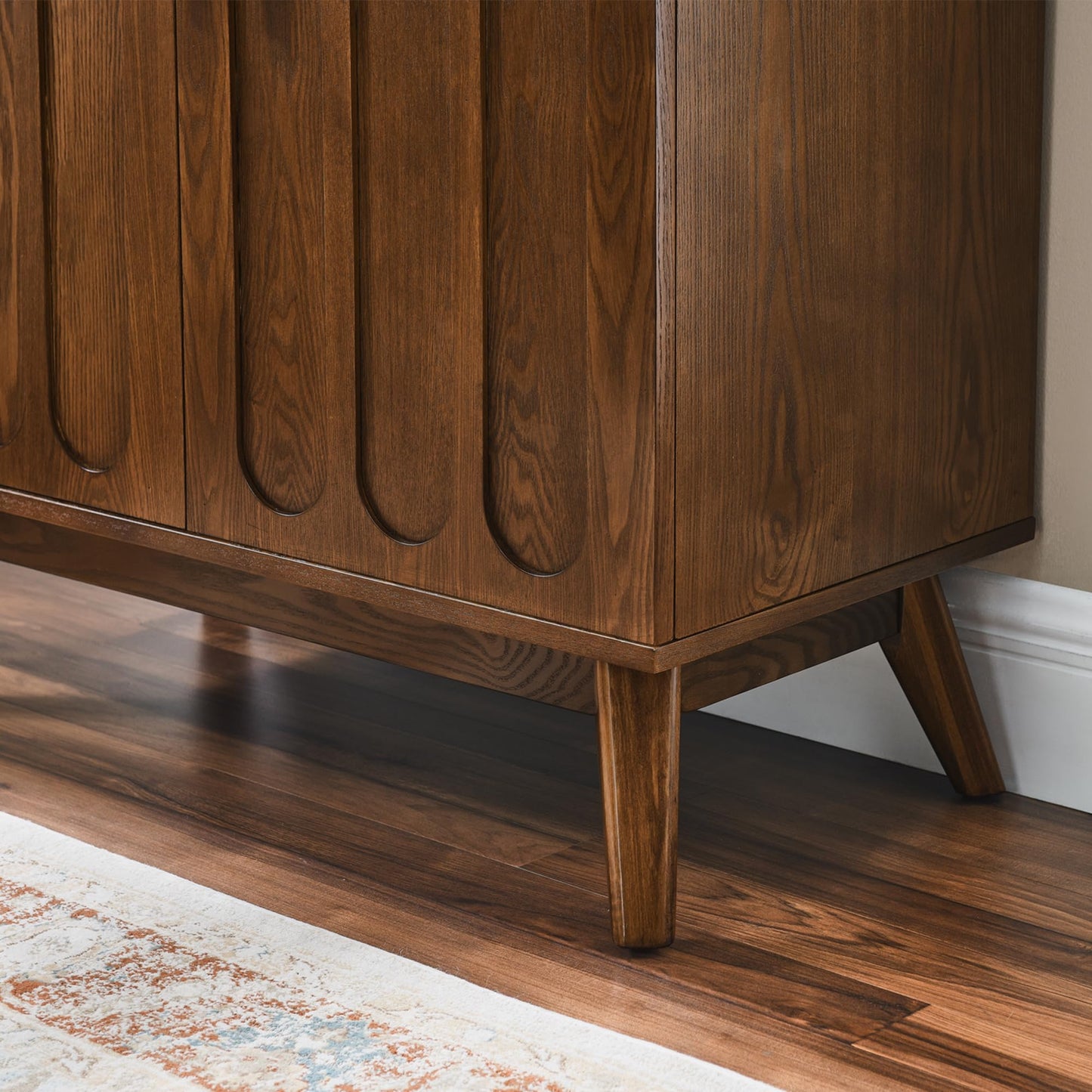LKTART Mid Century Modern Storage Cabinet with Rattan Sliding Doors and Open Shelves, Boho Style Wooden Sideboard Buffet for Living Room,Dark Walnut