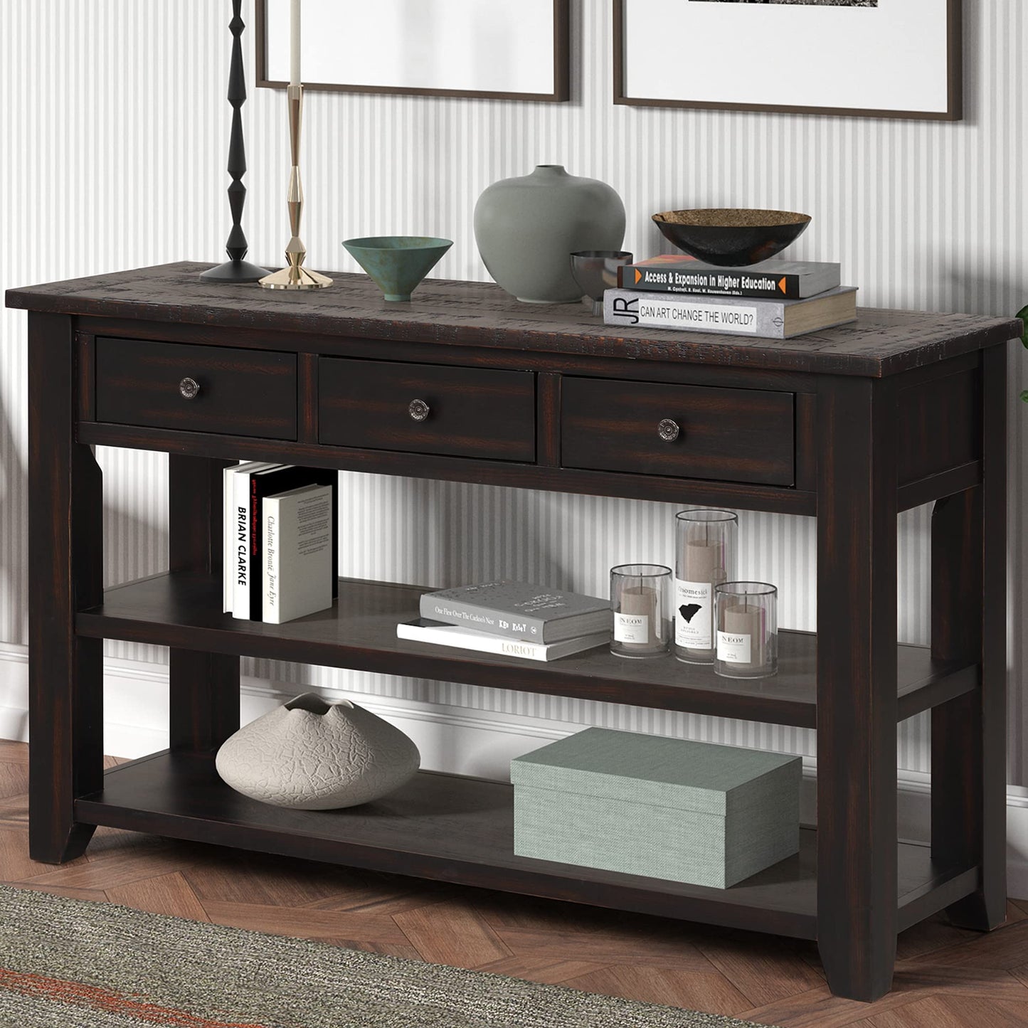 LKTART Solid Wood Console Table, Sofa Table with Storage Drawers and Bottom Shelf, Entryway Table for Entry Hallway Foyer,Easy Assembled (48.8" Green)
