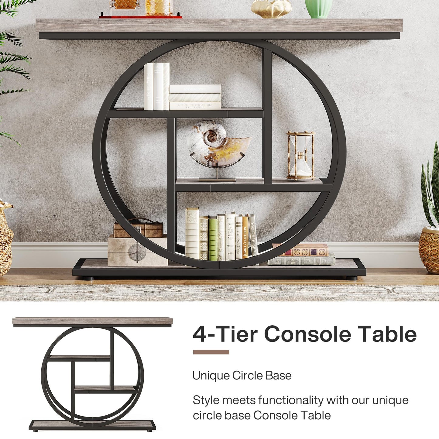 Tribesigns 41.3" Console Table, Industrial 4-Tier Sofa Table Entryway Table with Circle Base, Narrow Wood Accent Tables with Storage Shelves for Living Room, Hallway, Foyer, Rustic Brown