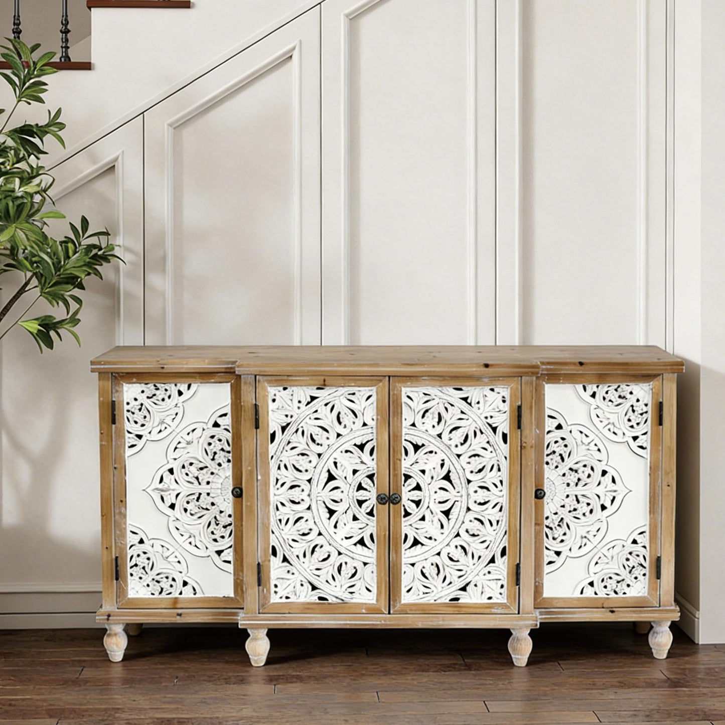 LKTART 60" Farmhouse Sideboard Buffet,Solid Fir Wood Frame with Hollowed-Out Carved Doors,Hand-Distressed Design,Versatile Storage Cabinet for Kitchen, Living Room,Natural Wood
