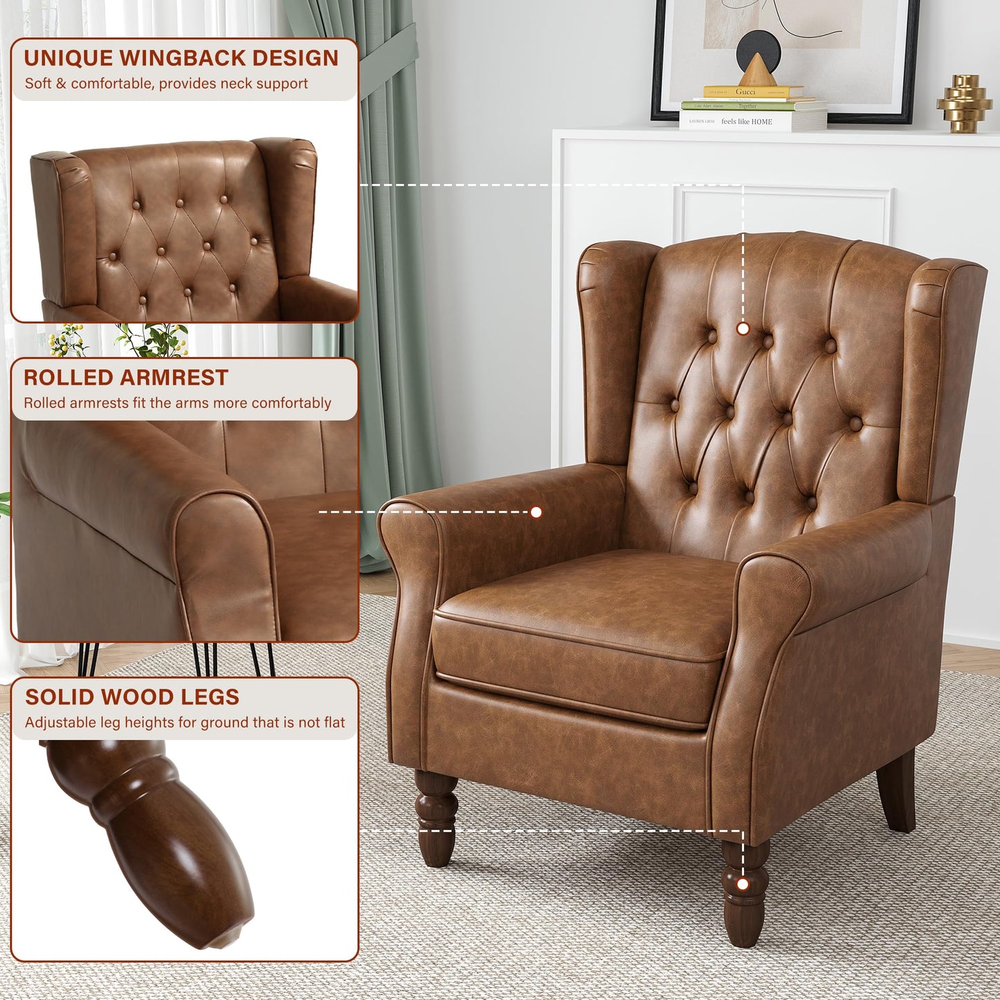 Faux Leather Wingback Chairs Set of 2, High Back Accent Chair for Living Room, Button-Tufted Upholstered Armchair with Solid Wood Legs, Comfy Reading Chair for Bedroom, Brown