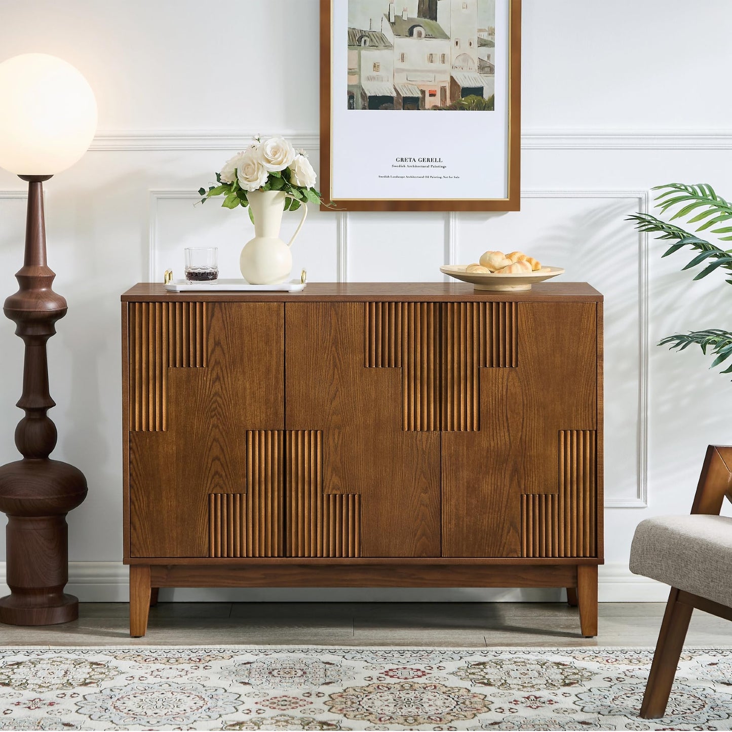 LKTART 40" Sideboard Buffet Accent Storage Cabinet with Carved Pattern Side Board Solid Wood Frame for Kitchen, Living Room, Entryway,Hallway (Blue+Brown)