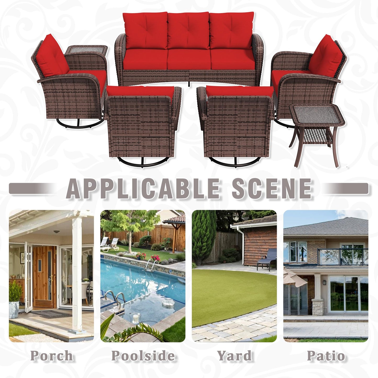 4 Piece Patio Conversation Set - 2 Swivel Chairs 1 Coffee Table 3-Seater Sofa, PE Wicker & Steel Patio Furniture with Heavy-Duty Steel Frame,Weatherproof Cushions, Red