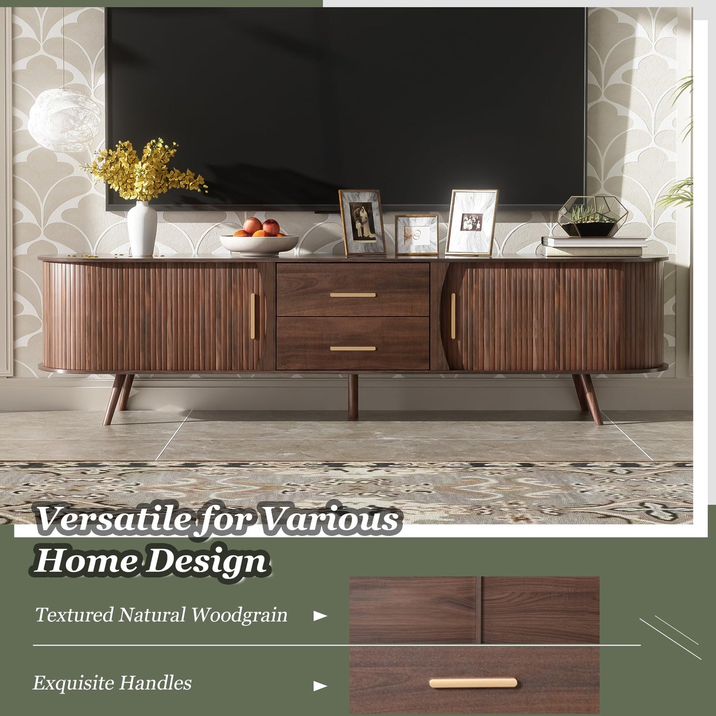 LKTART 67" Mid Century Modern TV Stand for 65/70/75/80" TVs,Entertainment Center with Sliding Doors and Drawers,Media Console for Living Room