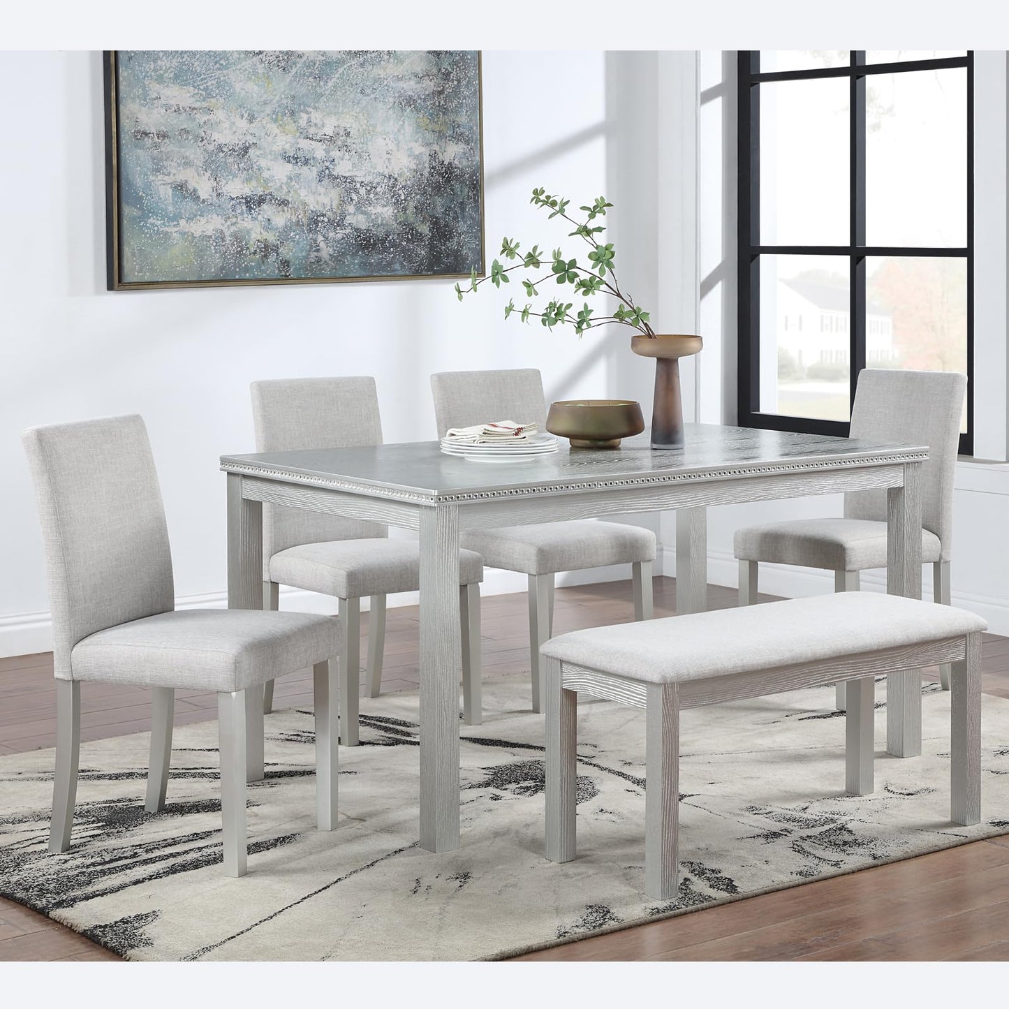 LKTART 6 Piece Kitchen Dining Set, 58.5" Rectangular Wooden Dinner Table with 4 Upholstered Chairs and a Bench for Living Room, Home Bar and Kitchen, Walnut