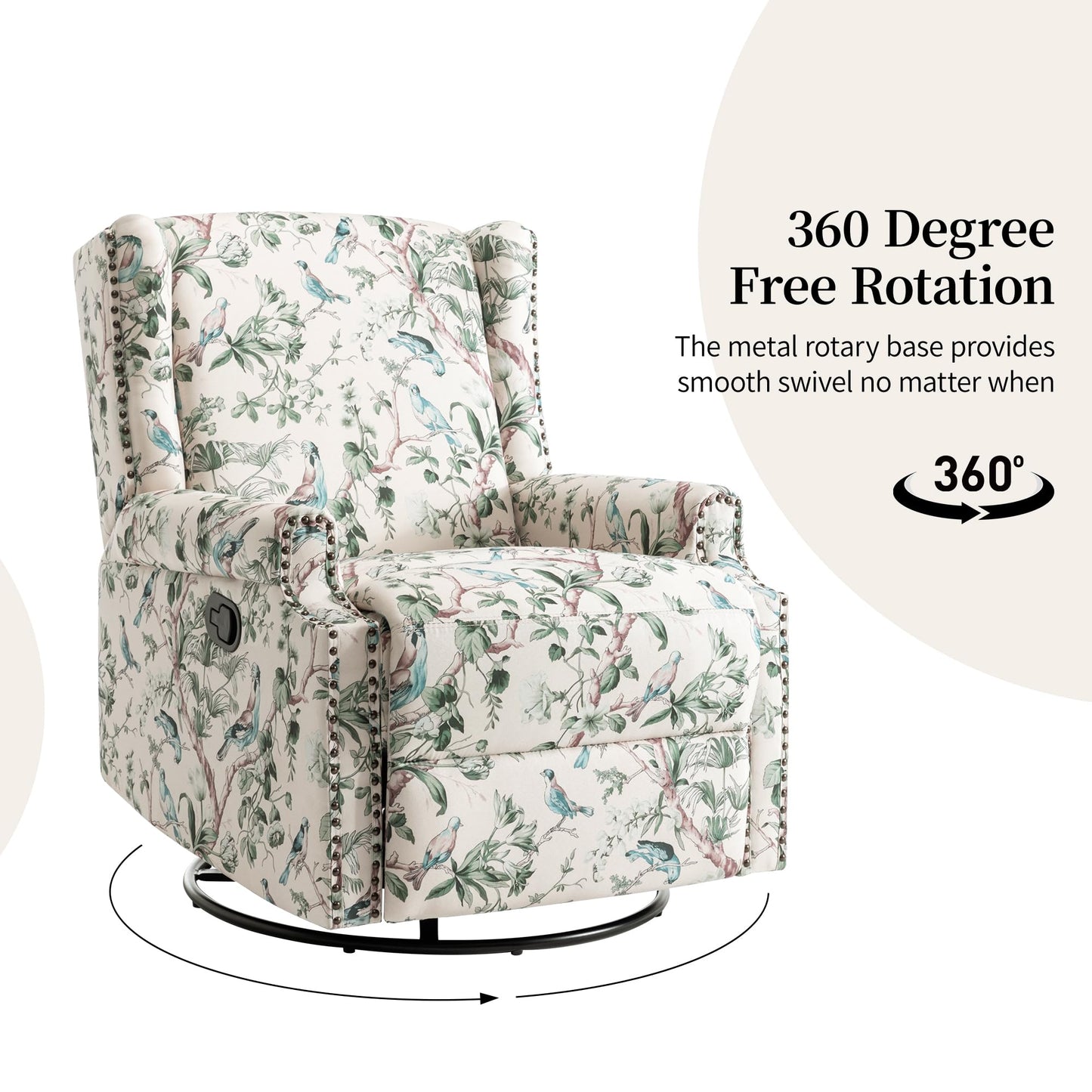 Swivel Rocker Recliner Chair, 360° Swivel Wingback Recliner Chairs for Adults, Upholstered Printed Fabric Glider Rocking Chair with High Back, Deep Seat for Living Romm Bedroom, Bird