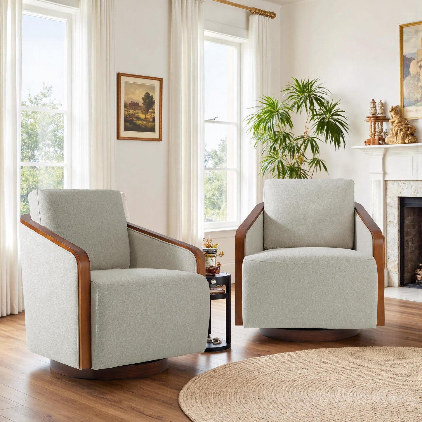 360° Swivel Barrel Chairs Set of 2, Upholstered Swivel Round Barrel Chair, Comfy Chenille Fabric Single Club Armchair Accent Chair for Living Room, Reading Room, Bedroom, Beige Brown