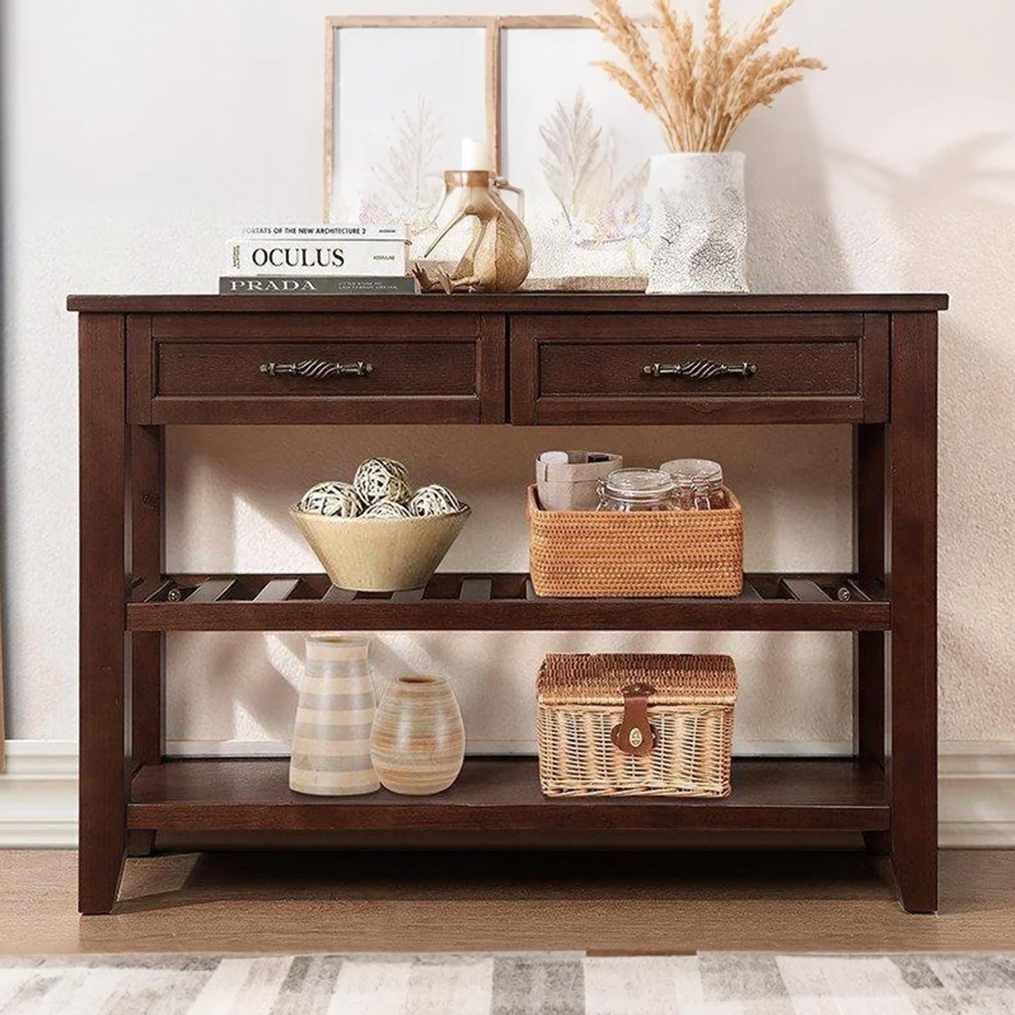 LKTART Solid Wood Console Table Sofa Tables with Drawers and Shelves Small Entryway Table for Living Room,Behind the Couch Table,Foyer(42" Espresso)