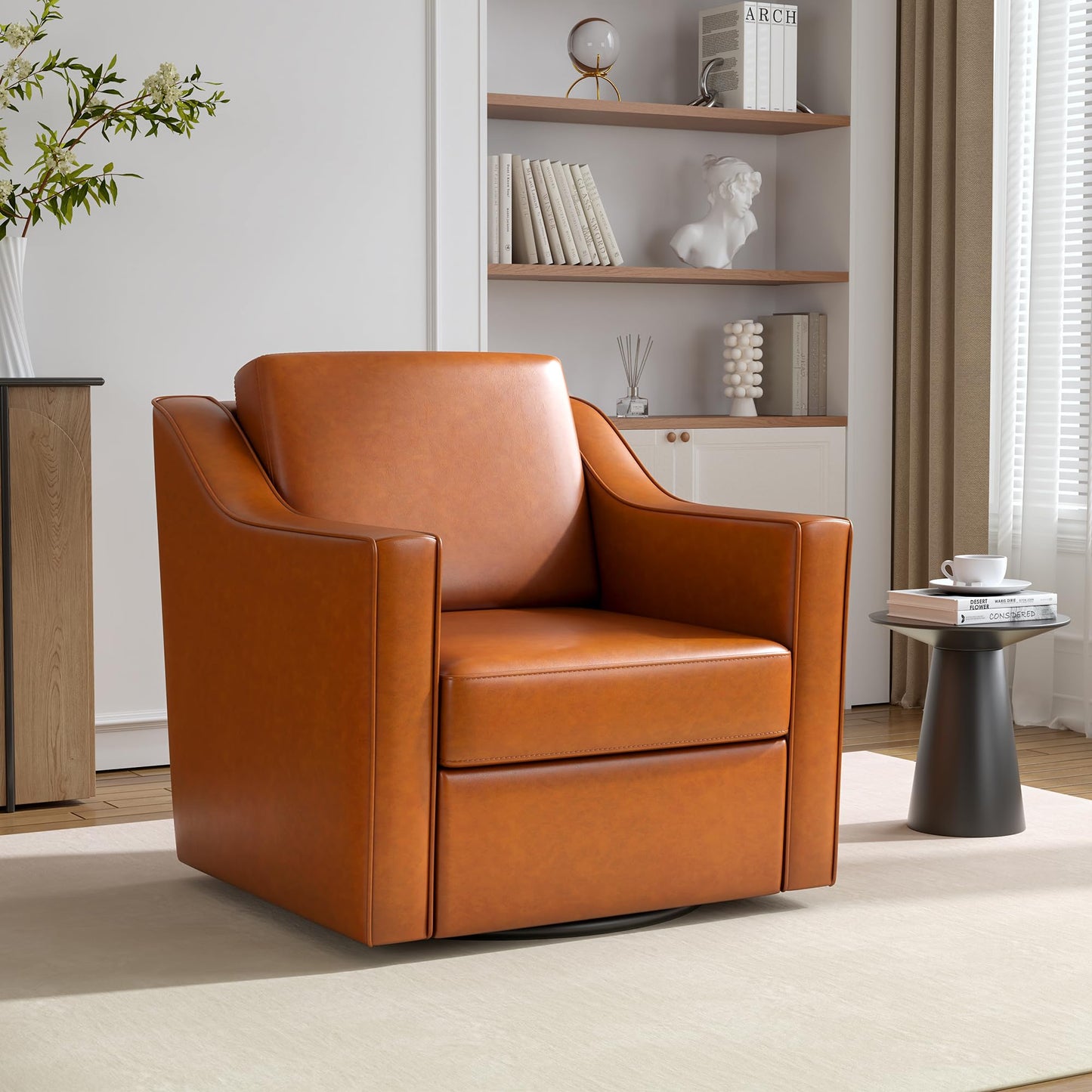 Swivel Accent Chairs Set of 2, 360° Swivel Upholstered Faux Leather Club Armchairs for Living Room, Comfy Single Sofa Reading Chair with Deep Seat, Metal Swivel Base, Coffee