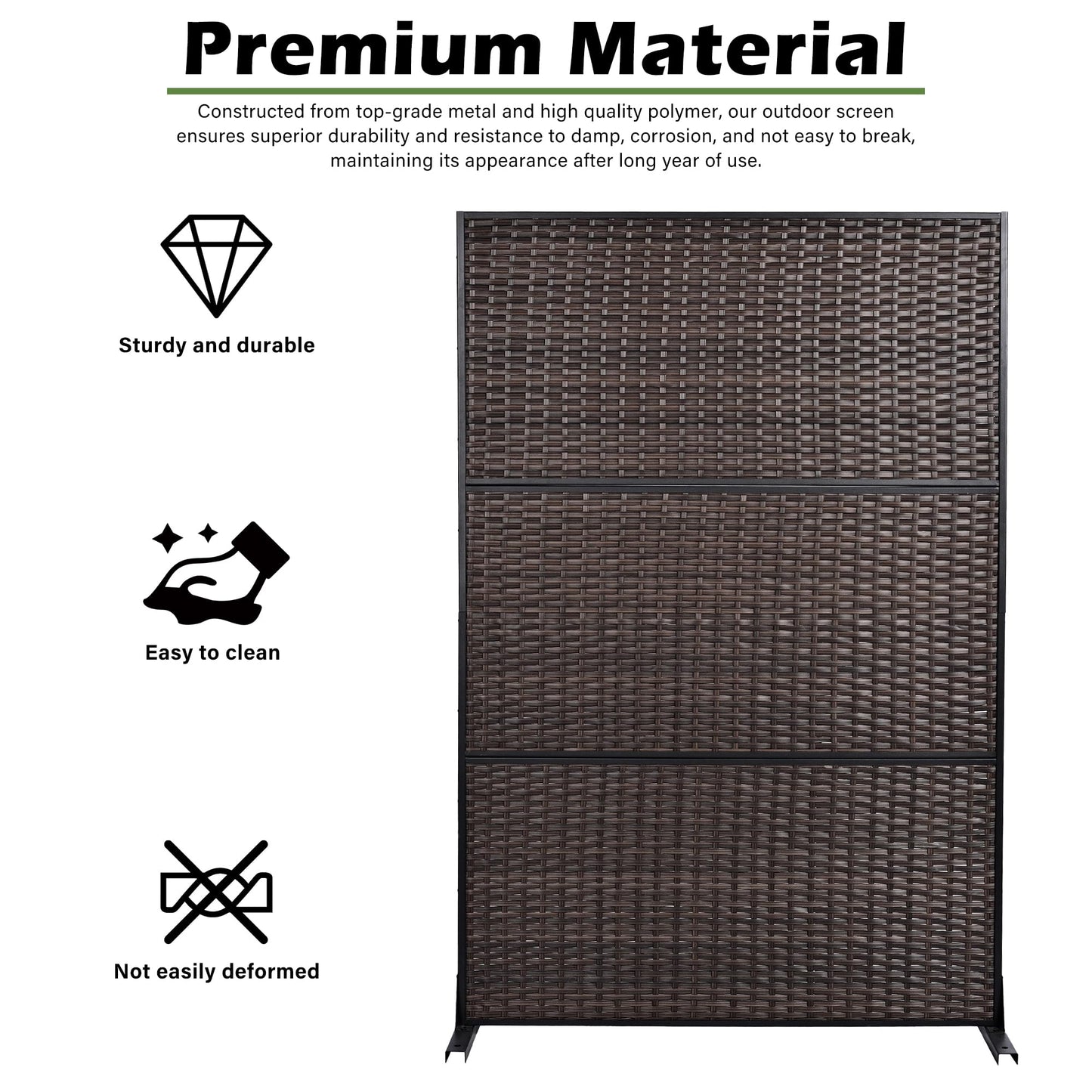 Outdoor Metal Privacy Screen with Stand, 72" H x 47" W Freestanding Outdoor Patio Divider, Decorative Patio Privacy Fence Panel for Garden Backyard Balcony Porch (Brown-Crossbanding)