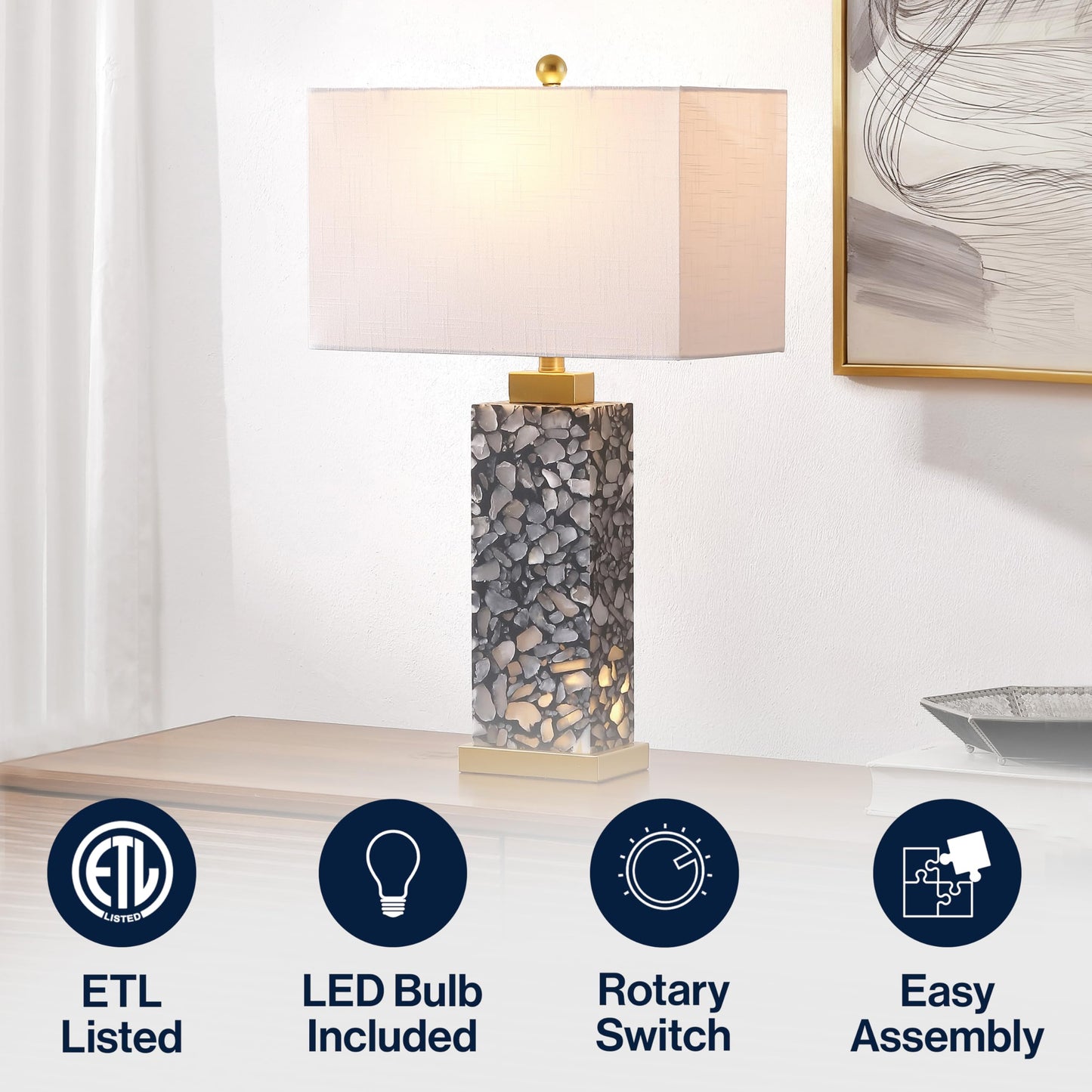 JONATHAN Y 24.25" Black/White Modern Alabaster LED Table Lamp for Home Decor, White Linen Shade, Coastal Nightstand Lamp with Built-in Base Accent Light (JYL8507A)