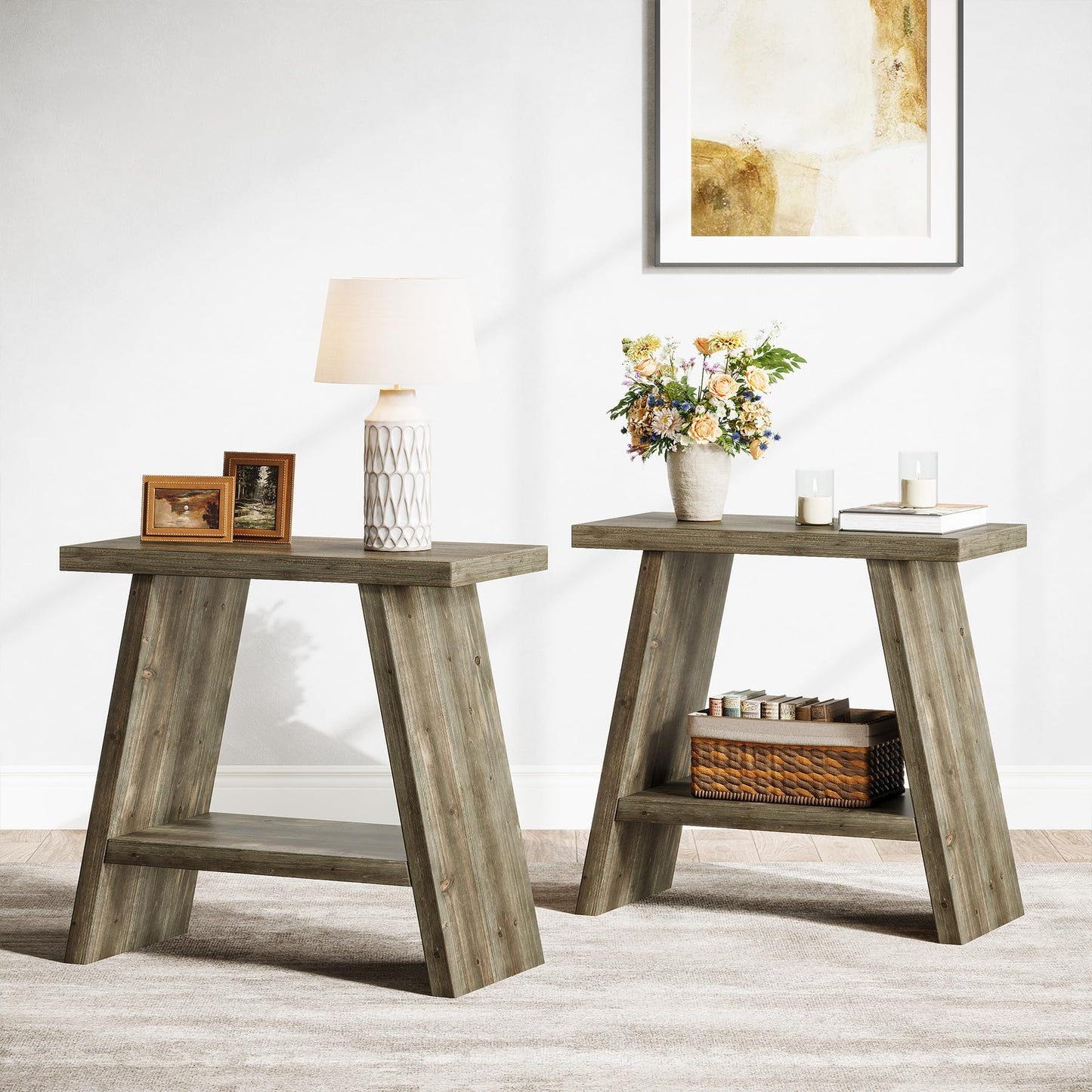 Solid Wood End Table for Living Room, Narrow Small Side Table with 2-Tier Storage, Farmhouse Bedside Nightstand for Bedroom, Small Places, Rustic Brown (1PCS)