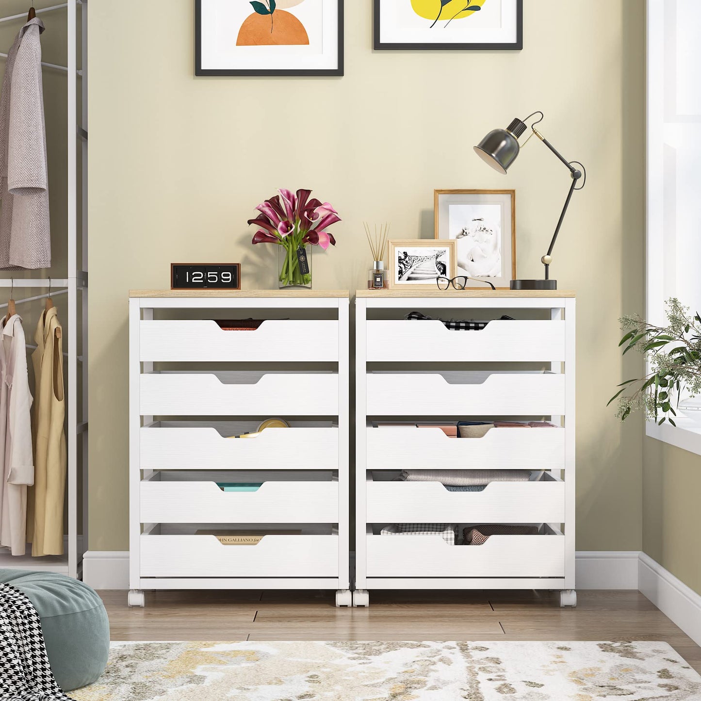 Tribesigns 5 Drawer Chest, Wood Storage Dresser Cabinet with Wheels, Industrial Storage Drawer Organizer Cart for Office Bedroom Entryway (Rustic Brown, 1 PC)