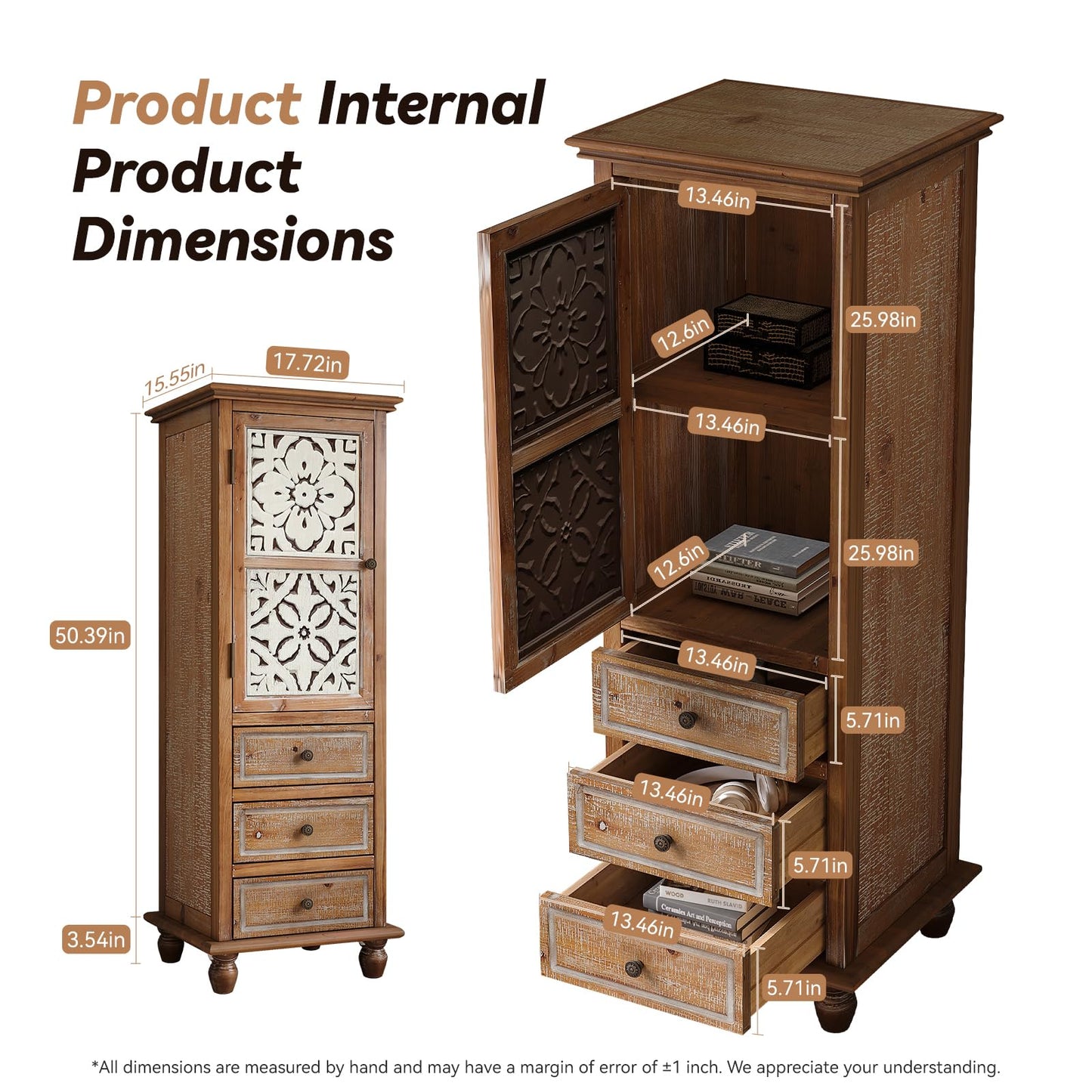 LKTART KTART 55'' Tall Kitchen Pantry Cupboard Storage Cabinet with Shelves & Drawer,French Country Accent Cabinet with Embossed Floral Metal Doors and Solid Wood Frame,Natural Wood