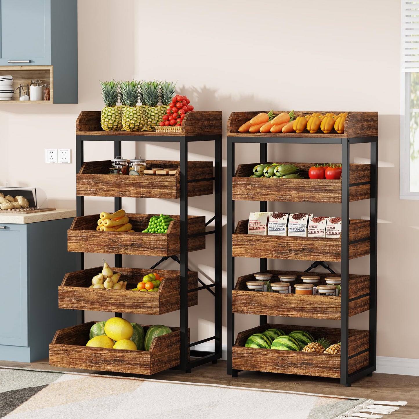Tribesigns Wood Fruit and Vegetable Storage Rack, 5-Tier Pull-Out Snack Stand Fruit Basket Stand, Utility Shelf Organizer for Kitchen, Living Room, Bedroom, Rustic Brown