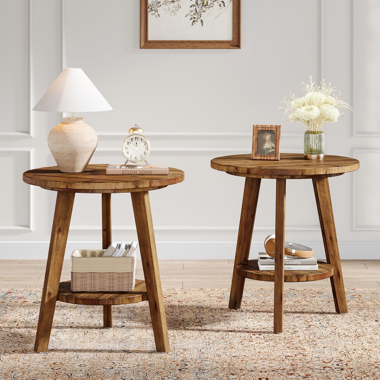 Solid Wood Round End Table, Sofa Side Table with Storage Shelf, Farmhouse Nightstand for Living Room, Bedroom, Easy Assembly (Dark Brown, 1 PC)