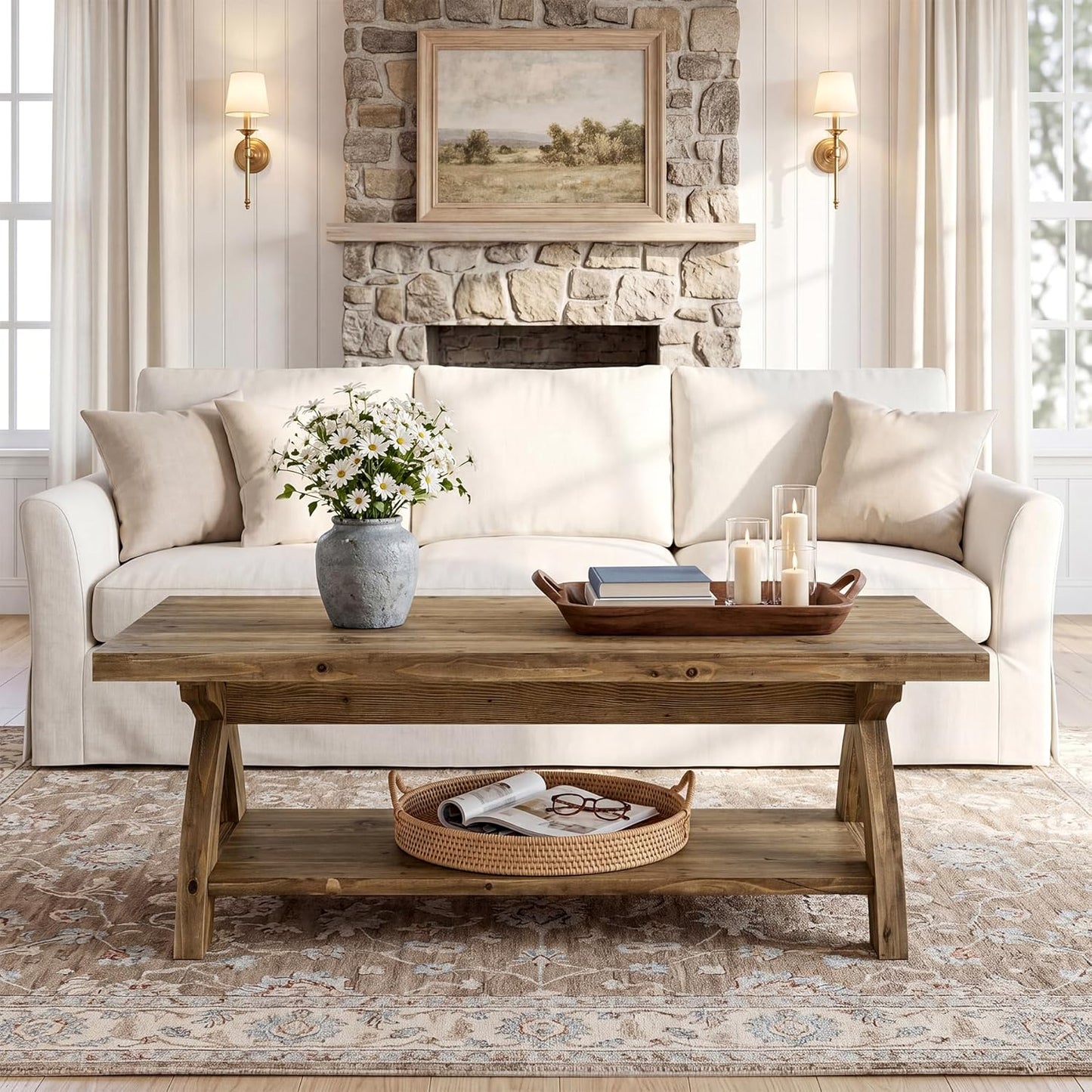 Solid Wood Coffee Table with Storage Shelf, Farmhouse Rectangular Center Table with X-Shaped Legs, Industrial Accent Cocktail Tables for Living Room