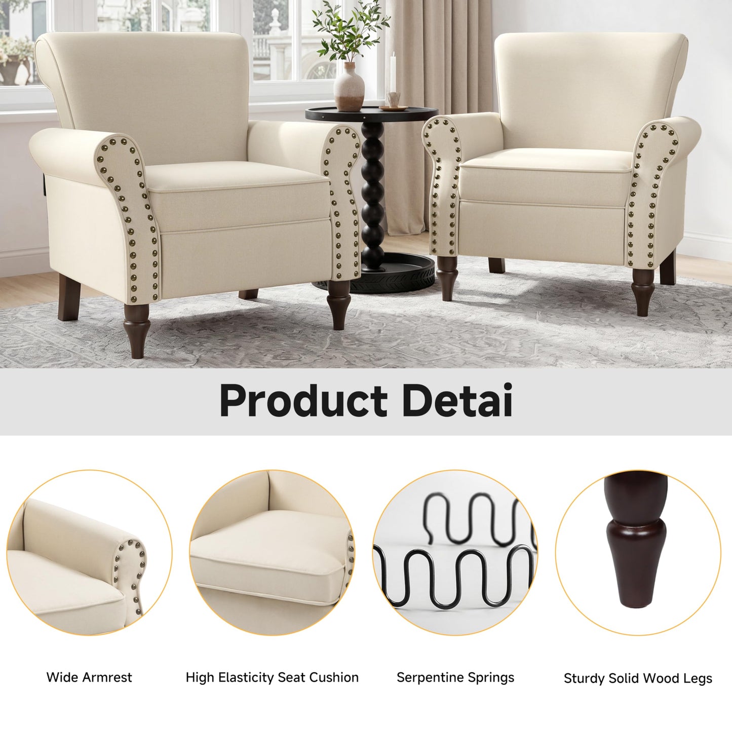 Wingback Accent Chairs Set of 2, Mid-Century Modern Upholstered Armchair Living Room Chair with Nailhead Trim & Rolled Armrest, Comfy Lounge Chair Single Sofa Chair for Bedroom, Light Blue