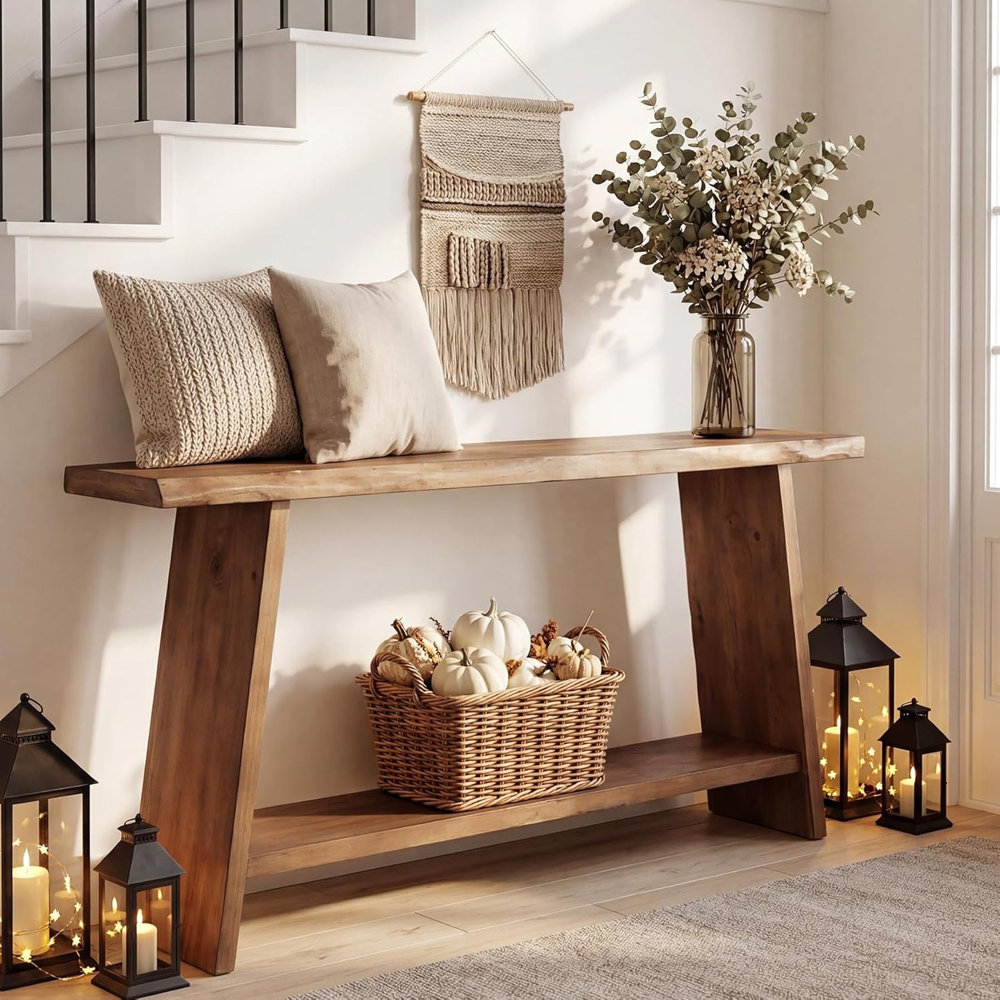 Solid Wood Console Table, 62.99" Entryway Table with Storage Shelf, 2 Tiers Narrow Skinny Sofa Table for Hallway, Entrance, Living Room, Brown