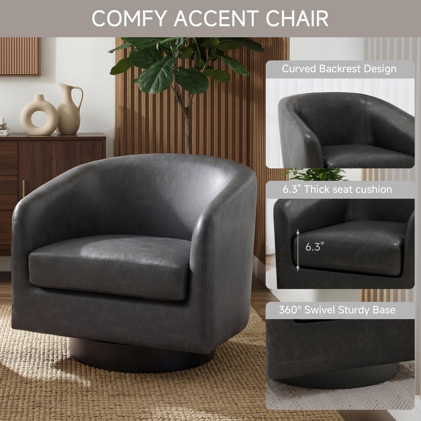 Swivel Barrel Chairs Set of 2, 31" W Modern Faux Leather Round Swivel Accent Chair for Living Room, 360° Rotation Upholstered Armchair Club Chair for Bedroom, Reading Room, Office (Brown)