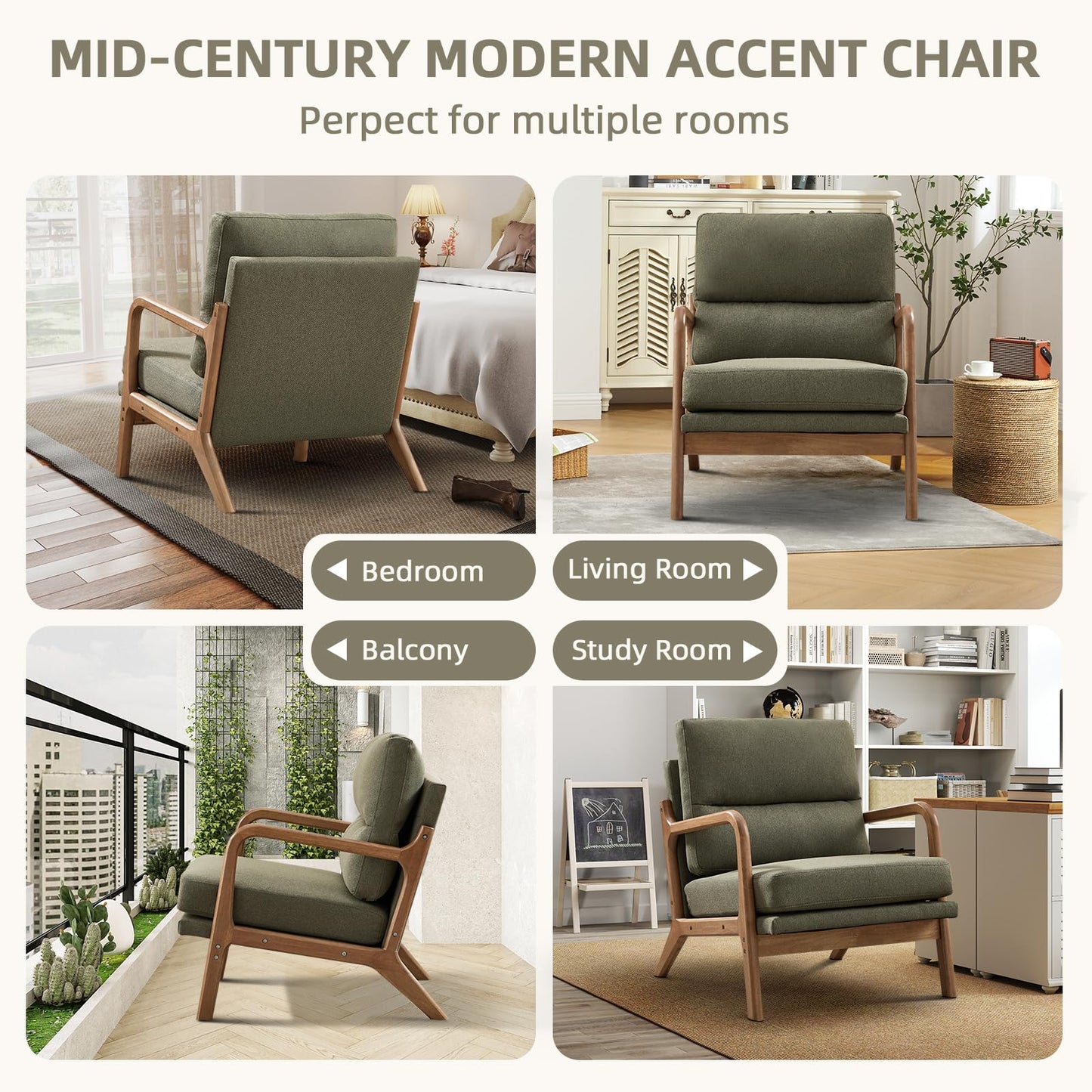 IOMOR Mid Century Modern Accent Chair with Solid Wood Frame Linen Fabric, Upholstered Living Room Chairs with Lumbar Cushion Padded Arms, Reading Armchair for Bedroom (1, Warm Beige)