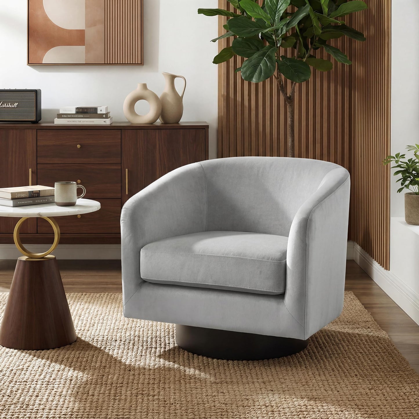 Swivel Barrel Chairs Set of 2, 31" W Modern Faux Leather Round Swivel Accent Chair for Living Room, 360° Rotation Upholstered Armchair Club Chair for Bedroom, Reading Room, Office (Brown)