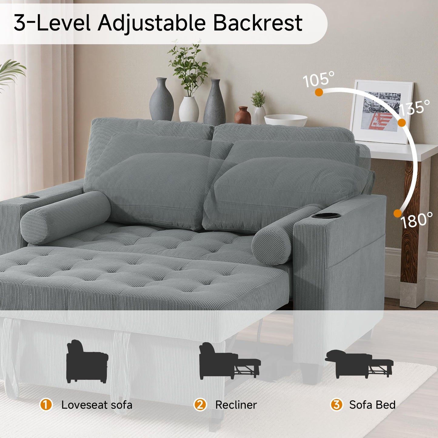 Sleeper Sofa Chair Bed, 3-in-1 Convertible Sleeper Chair with Pull Out Bed, Comfy Corduroy Sofa Bed Couch with Reclining Adjustable Backrest, USB Ports, Cup Holder, Side Pocket (Gray, 38.8")