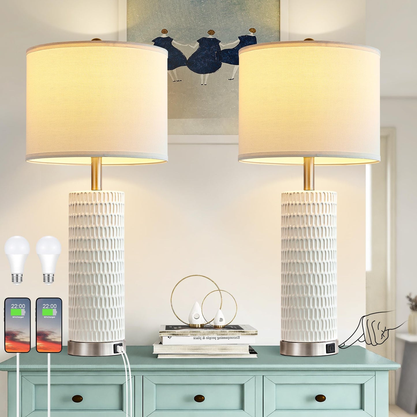 White Ceramic Table Lamps Set of 2, 28" Lamps for Living Room with USB C+A Ports, Touch Lamps for Nightstand, 2 Bulbs Included