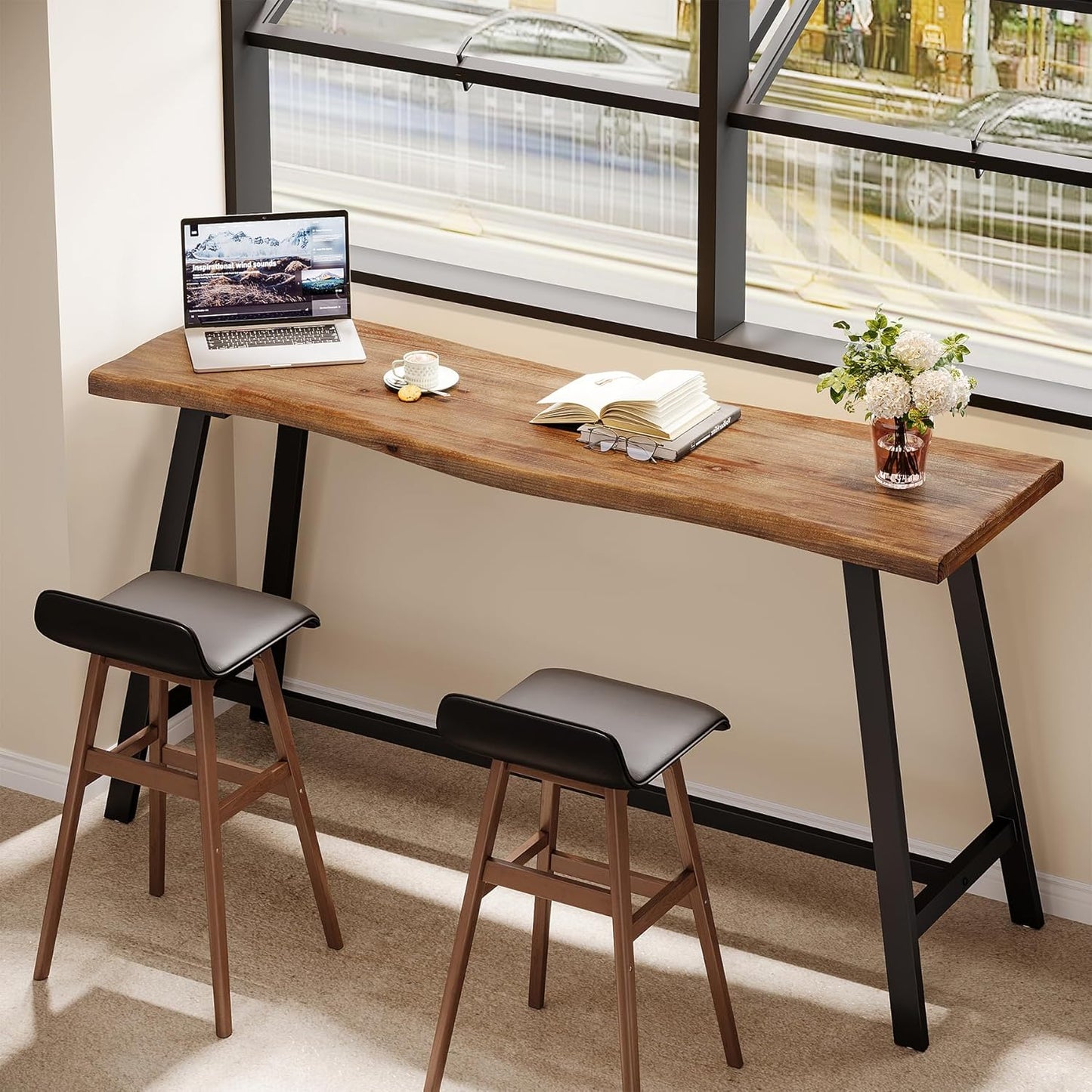 Solid Wood Bar Table, 55-Inch Counter Height Pub Table with Sturdy Metal Frame, Industrial Narrow Bar Table for Pub Kitchen Living Room, Rustic Brown