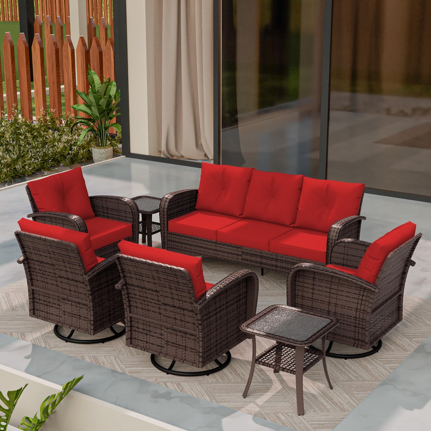 4 Piece Patio Conversation Set - 2 Swivel Chairs 1 Coffee Table 3-Seater Sofa, PE Wicker & Steel Patio Furniture with Heavy-Duty Steel Frame,Weatherproof Cushions, Red