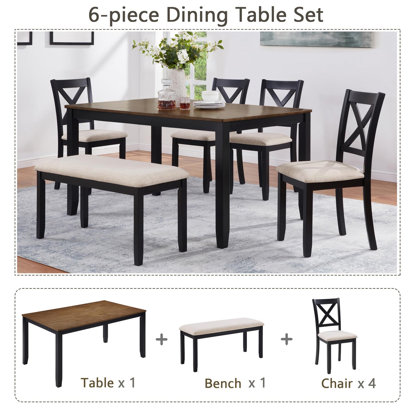 LKTART 6 Piece Kitchen Dining Set, 58.5" Rectangular Wooden Dinner Table with 4 Upholstered Chairs and a Bench for Living Room, Home Bar and Kitchen, Walnut