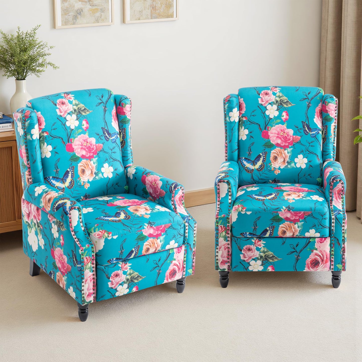Pushback Recliner Chair, Printed Fabric Wingback Recliner Chair for Living Room, Upholstered Armchair Push Back Recliner with Wood Legs, Rivet Trim Wingback Accent Chair for Bedroom, Navy