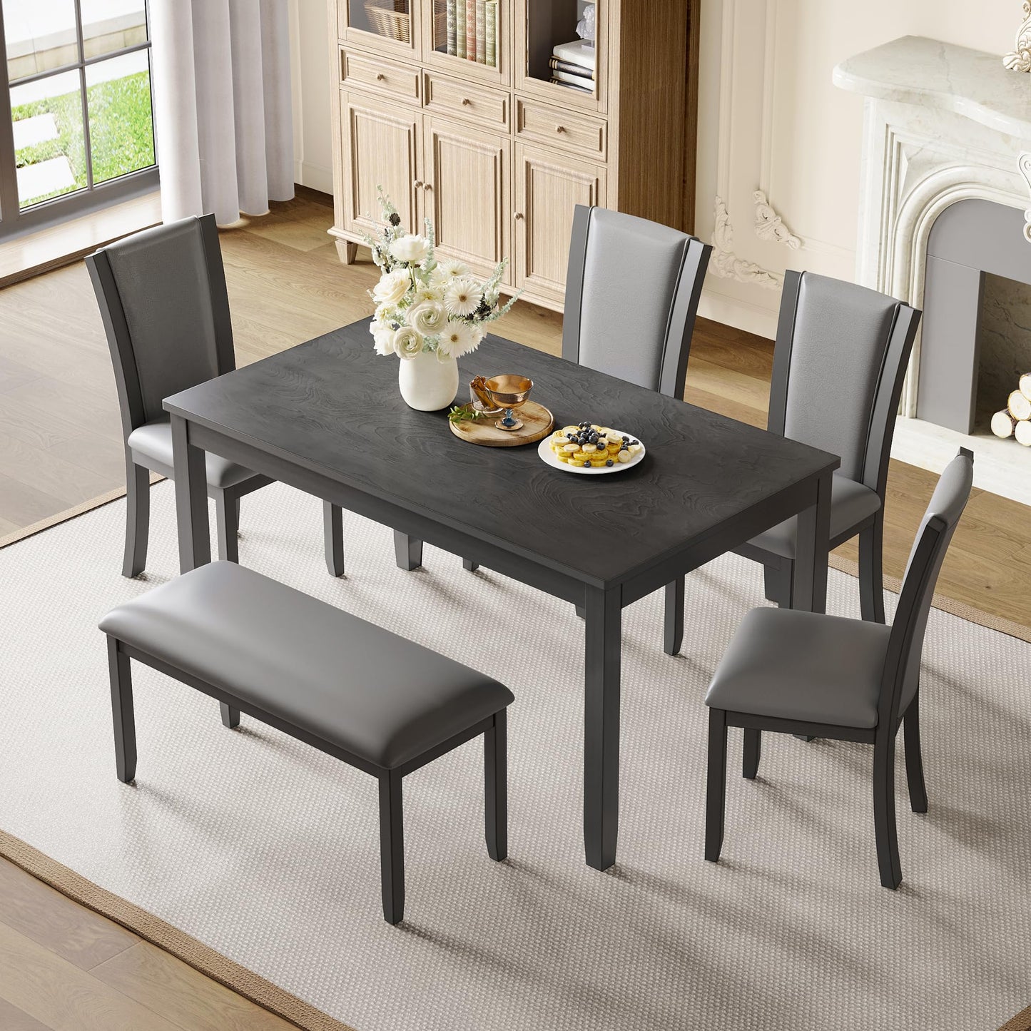LKTART 6 Piece Kitchen Dining Set, 58.5" Rectangular Wooden Dinner Table with 4 Upholstered Chairs and a Bench for Living Room, Home Bar and Kitchen, Walnut