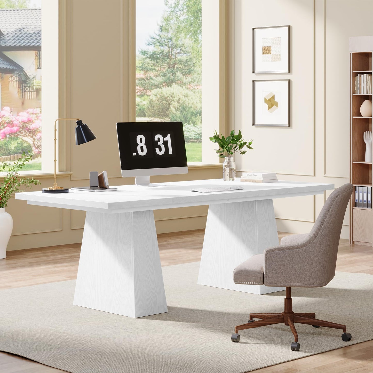 Tribesigns 63-Inch Executive Desk, Large Office Computer Desk with Double Pedestal, Modern Simple Workstations Writing Table Conference Table Business Furniture for Home Office, Light Brown