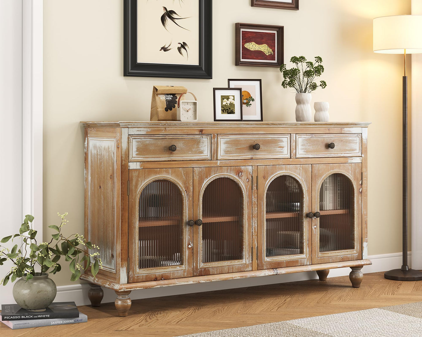LKTART 60" Farmhouse Sideboard Buffet,Solid Fir Wood Frame with Hollowed-Out Carved Doors,Hand-Distressed Design,Versatile Storage Cabinet for Kitchen, Living Room,Natural Wood