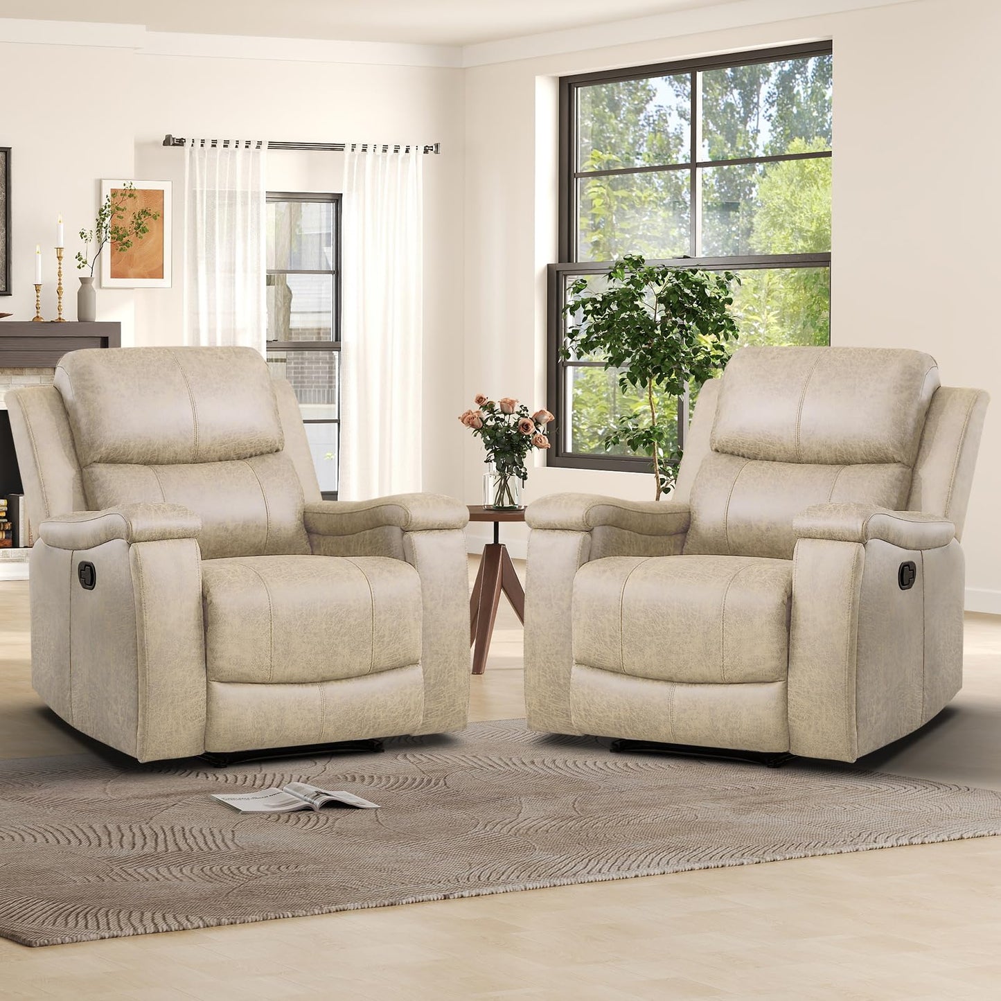 IOMOR Leather Recliner Chair, Manual Recliner Chair for Adults with Overstuffed Arms and Back, Single Sofa Recliner with Cup Holders for Living Room (1, Brown)