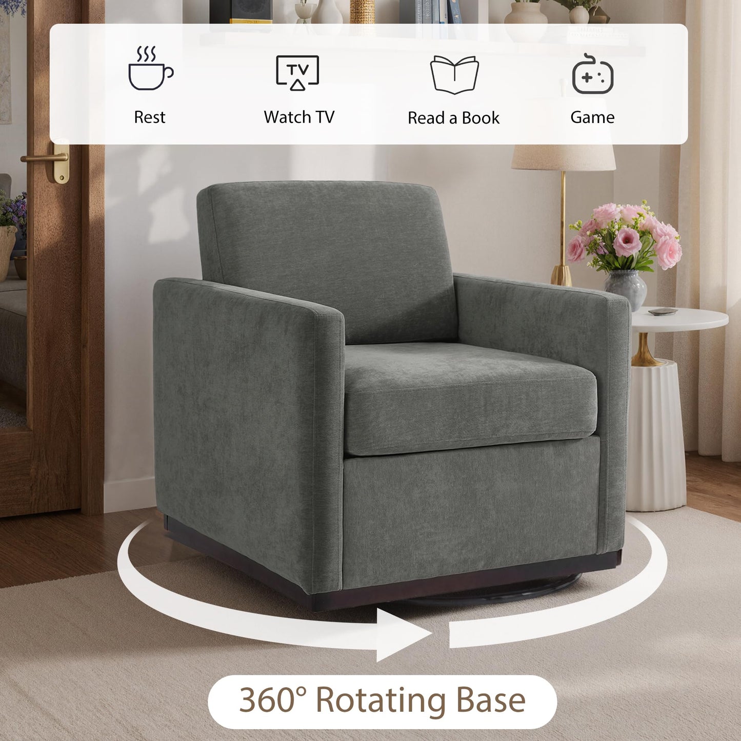 Swivel Accent Chairs Set of 2, 360° Swivel Upholstered Faux Leather Club Armchairs for Living Room, Comfy Single Sofa Reading Chair with Deep Seat, Metal Swivel Base, Coffee