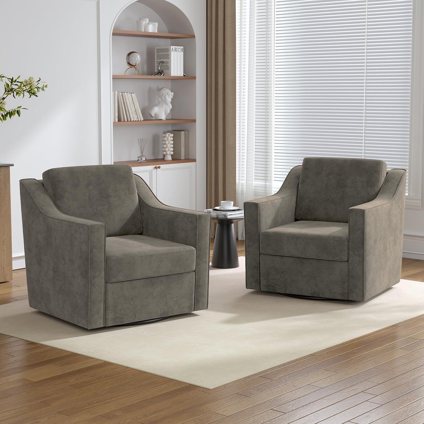 Swivel Accent Chairs Set of 2, 360° Swivel Upholstered Faux Leather Club Armchairs for Living Room, Comfy Single Sofa Reading Chair with Deep Seat, Metal Swivel Base, Coffee