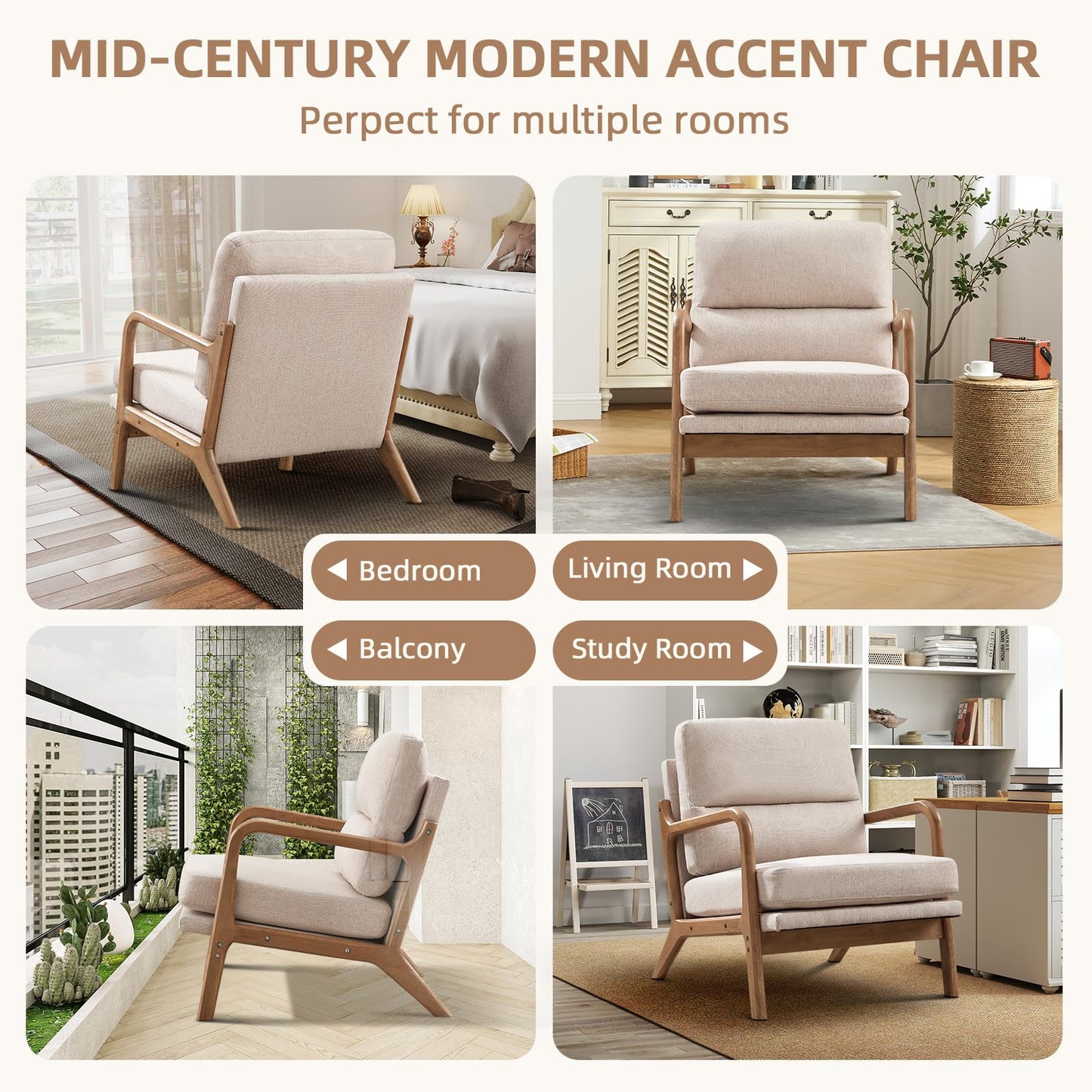 IOMOR Mid Century Modern Accent Chair with Solid Wood Frame Linen Fabric, Upholstered Living Room Chairs with Lumbar Cushion Padded Arms, Reading Armchair for Bedroom (1, Warm Beige)